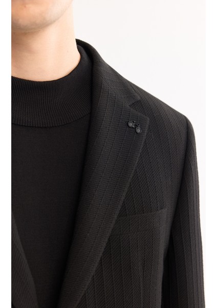 Erkek Siyah Mono Yaka Bi-Stretch Hafif Çizgili Blazer Comfort Slim Fit Ceket A52Y4004