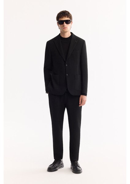 Erkek Siyah Mono Yaka Bi-Stretch Hafif Çizgili Blazer Comfort Slim Fit Ceket A52Y4004