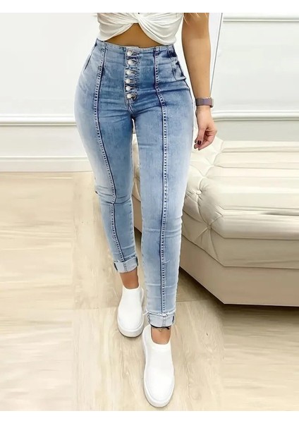 Kadın Çok Düğmeli Yüksek Bel Jean Pantolon