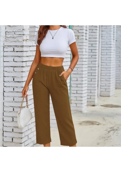Kadın Beli Lastikli Düğme ve Cep Detaylı Kapri Ithal Keten Pantolon fiyatları