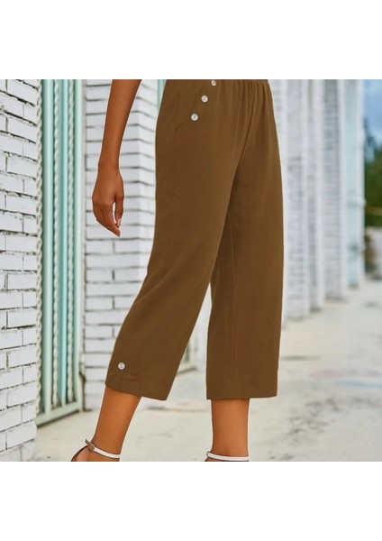Kadın Beli Lastikli Düğme ve Cep Detaylı Kapri Ithal Keten Pantolon modelleri