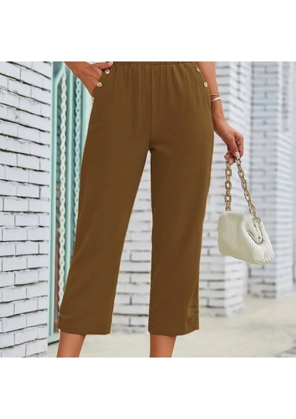 Kadın Beli Lastikli Düğme ve Cep Detaylı Kapri Ithal Keten Pantolon fırsatları