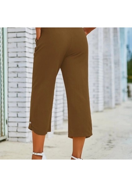 Kadın Beli Lastikli Düğme ve Cep Detaylı Kapri Ithal Keten Pantolon indirimleri