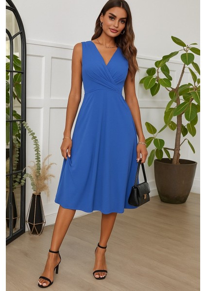 Kadın Askılı V Yakalı Önde Çapraz Detaylı Janjan Krep Elbise