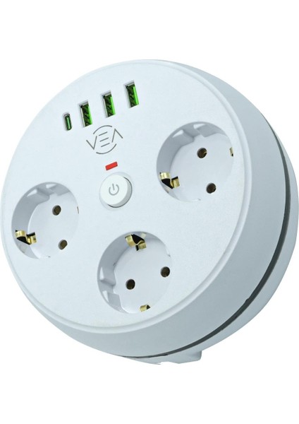 VE-26583 3'lü 1.5 Metre Kablolu 3 USB / Type-C Girişli Akım Korumalı Grup Priz