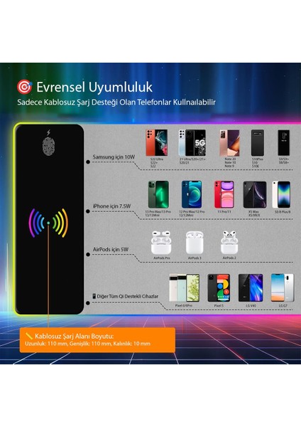 PM-25115 Xl Rgb Gaming Mouse Pad Wireless Telefon Şarj Destekli 14 Modlu modelleri