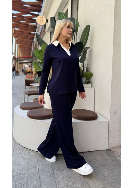 Kadın Büyük Beden Gömlek Yaka Detaylı Esnek Eşofman Takımı 24904