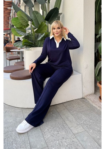 Kadın Büyük Beden Gömlek Yaka Detaylı Esnek Eşofman Takımı 24904 modelleri