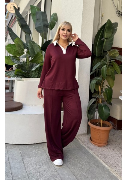 Kadın Büyük Beden Gömlek Yaka Detaylı Esnek Eşofman Takımı 24904