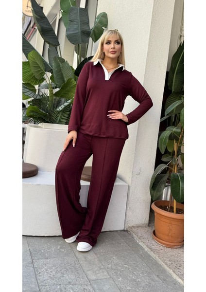 Kadın Büyük Beden Gömlek Yaka Detaylı Esnek Eşofman Takımı 24904 modelleri