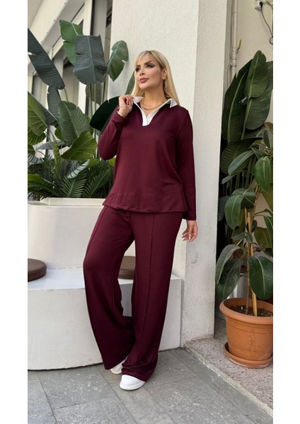 Kadın Büyük Beden Gömlek Yaka Detaylı Esnek Eşofman Takımı 24904 fırsatları