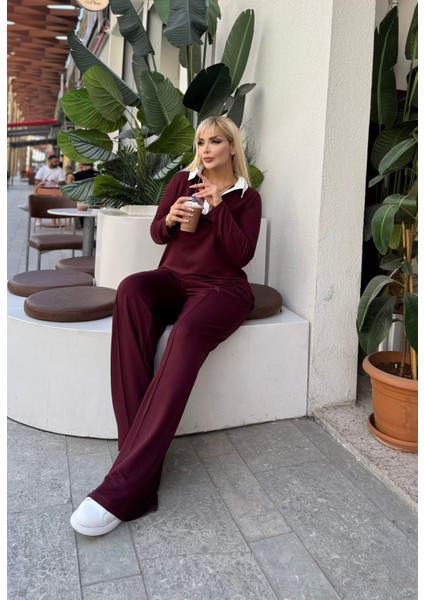 Kadın Büyük Beden Gömlek Yaka Detaylı Esnek Eşofman Takımı 24904 indirimleri