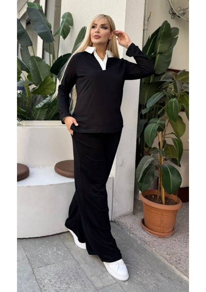 Kadın Büyük Beden Gömlek Yaka Detaylı Esnek Eşofman Takımı 24904 fiyatları