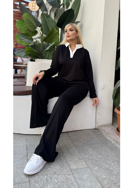 Kadın Büyük Beden Gömlek Yaka Detaylı Esnek Eşofman Takımı 24904 modelleri