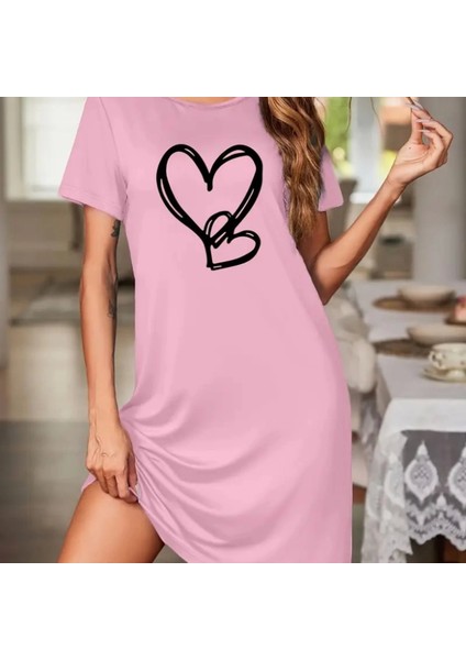 Kadın Kısa Kollu Bisiklet Yaka Kalp Desenli Viskon Elbise