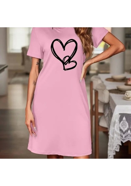 Kadın Kısa Kollu Bisiklet Yaka Kalp Desenli Viskon Elbise fiyatları