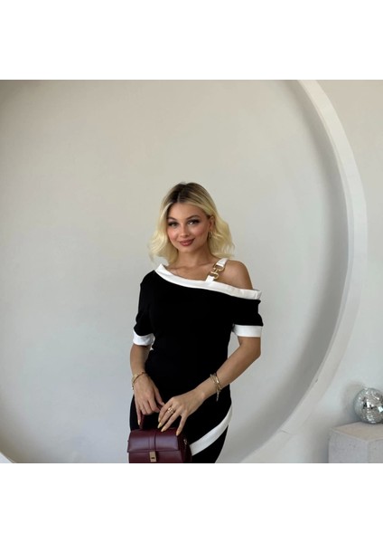 Kadın Kısa Kollu Asimetrik Kesim Yaka Şerit ve Aksesuar Detaylı Modal Elbise