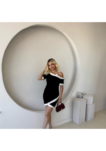 Kadın Kısa Kollu Asimetrik Kesim Yaka Şerit ve Aksesuar Detaylı Modal Elbise fiyatları