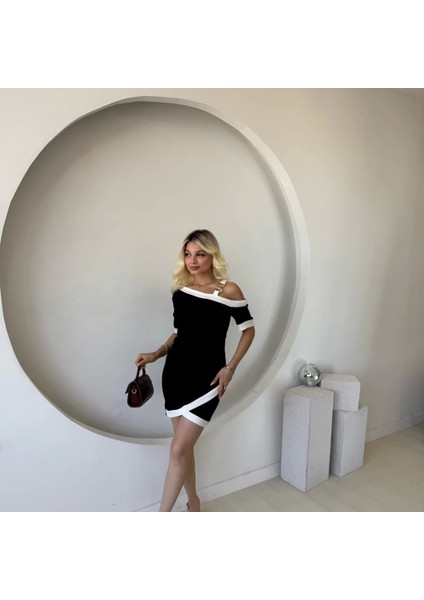 Kadın Kısa Kollu Asimetrik Kesim Yaka Şerit ve Aksesuar Detaylı Modal Elbise modelleri