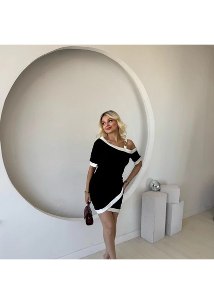 Kadın Kısa Kollu Asimetrik Kesim Yaka Şerit ve Aksesuar Detaylı Modal Elbise fırsatları