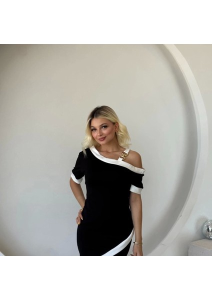 Kadın Kısa Kollu Asimetrik Kesim Yaka Şerit ve Aksesuar Detaylı Modal Elbise indirimleri