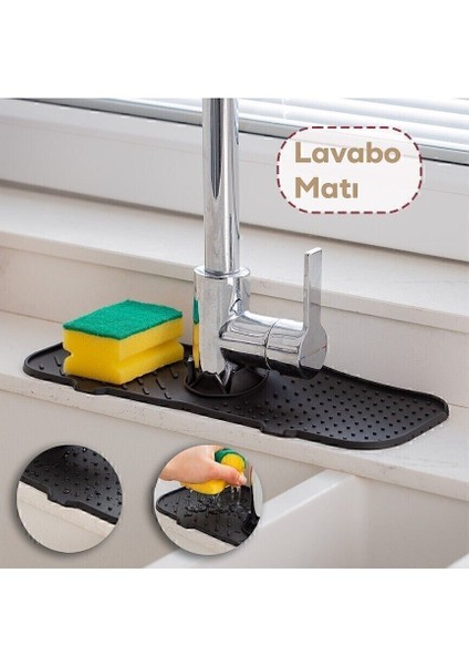 Siyah Lavabo ve Mutfak Batarya Su Tutucu, Bulaşık Süngeri Matı, 36X13 Cm, 1 Adet