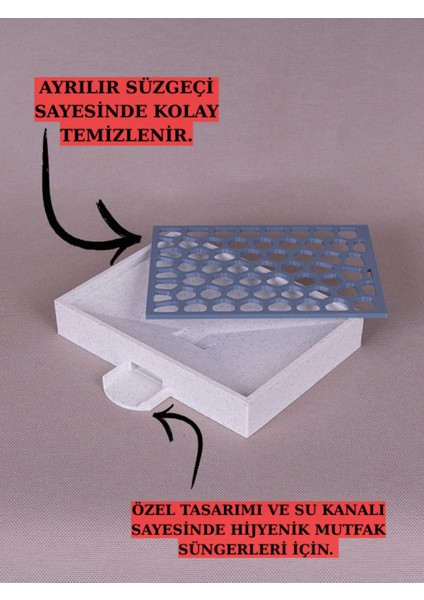 Gri 3D Baskılı Mutfak Süngerliği, Süzgeçli, Su Tahliyeli, 12X9 cm modelleri