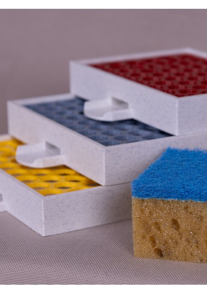 Gri 3D Baskılı Mutfak Süngerliği, Süzgeçli, Su Tahliyeli, 12X9 cm