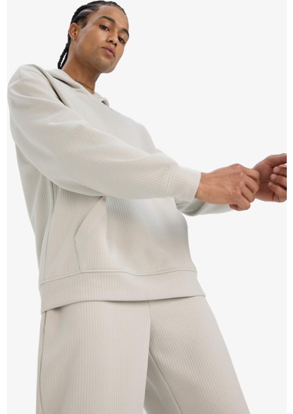 Boxy Fit Kapüşonlu Kanguru Cepli Jakarlı Sweatshirt fırsatları