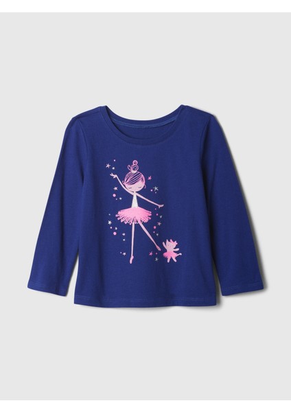 Kız Bebek Koyu Mavi %100 Pamuk Gap Logo Grafikli T-Shirt
