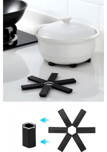 Katlanabilir Siyah Silikon Tencere Altlığı, Isıya Dayanıklı ve Kaydırmaz Özellikli