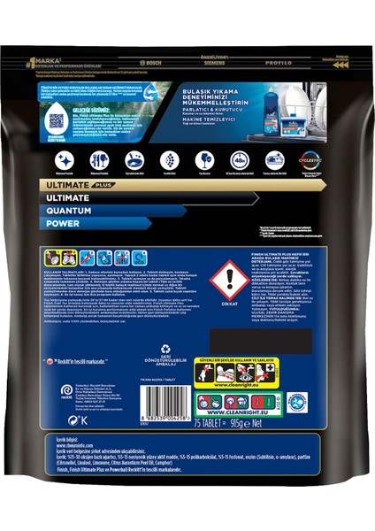 Ultimate Plus Bulaşık Makinesi Tableti - 75 Adet, 915 g, Ferah Koku ile Yağ ve Kireç Temizleyici