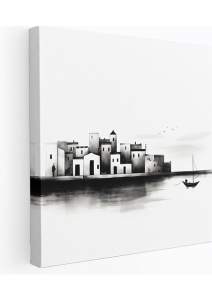 Deniz Kenarı Köy Manzaralı Kanvas Tablo - Köy Duvar Dekorasyonu