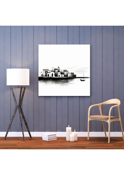 Deniz Kenarı Köy Manzaralı Kanvas Tablo - Köy Duvar Dekorasyonu fiyatları