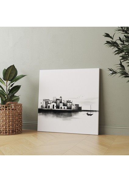 Deniz Kenarı Köy Manzaralı Kanvas Tablo - Köy Duvar Dekorasyonu modelleri