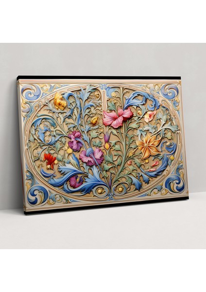 Ortaçağ Duvar Dekorasyonu: El Çizim Aydınlatmalı Manüskript Kanvas Tablo - Ortaçağ Sanat Meraklıları Detaylı Çiçek Motifleri Renkli Baş Harfler