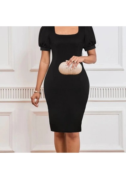 Kadın Kısa Kollu Geometrik Yaka Ithal Krep Elbise