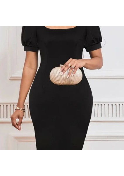 Kadın Kısa Kollu Geometrik Yaka Ithal Krep Elbise fiyatları