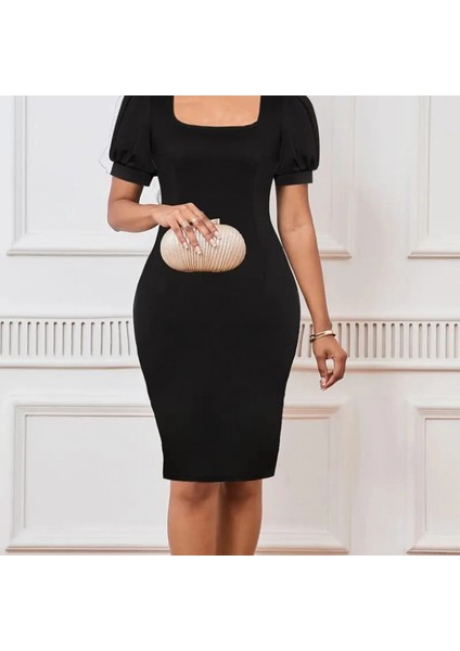 Kadın Kısa Kollu Geometrik Yaka Ithal Krep Elbise modelleri