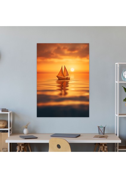 Akşamüstü Origami Yelkenli Kanvas Tablo - Origami Gezgin Ruh Altın Güneş Batışı Kanvas Duvar Sanatı fiyatları