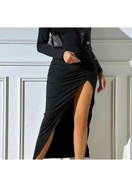 Kadın Krep Dalgıç Kumaş Taş Aksesuarlı Yırtmaç Detaylı Uzun Kollu Elbise