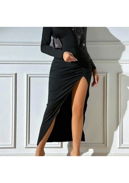 Kadın Krep Dalgıç Kumaş Taş Aksesuarlı Yırtmaç Detaylı Uzun Kollu Elbise fiyatları