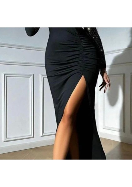 Kadın Krep Dalgıç Kumaş Taş Aksesuarlı Yırtmaç Detaylı Uzun Kollu Elbise fırsatları