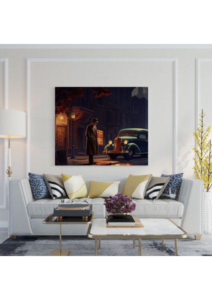 Retro Dedektif Sokakta Kanvas Tablo - Fedora Şapka ile Duvar Dekorasyonu fiyatları