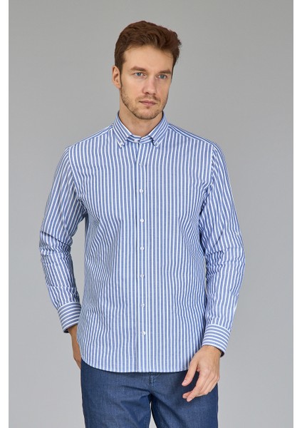 Regular Fit Paşa Yaka Çizgili Mavi Erkek Gömlek GMCZG3PS22400002_C35