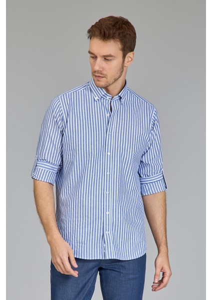 Regular Fit Paşa Yaka Çizgili Mavi Erkek Gömlek GMCZG3PS22400002_C35 fiyatları