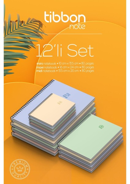 12'li Pastel Renkli Not Defteri Seti - 4 Mini (10x13,5 cm), 4 Midi (13,5x20 cm), 4 Maxi (16x24 cm) Spiralli Defterler