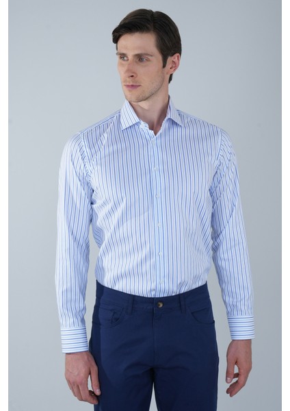 Uzun Kol İtalyan Yaka Cepsiz Mavi Pamuk Erkek Gömlek GMCZG250029_D35