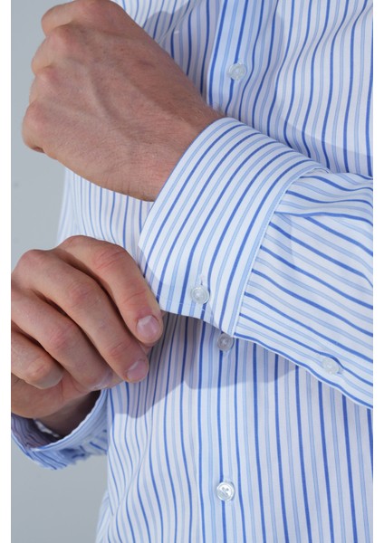 Uzun Kol İtalyan Yaka Cepsiz Mavi Pamuk Erkek Gömlek GMCZG250029_D35 indirimleri