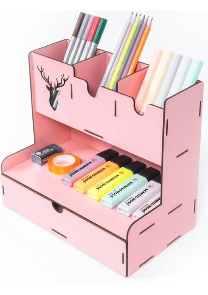 Ahşap Masaüstü Kalemlik ve Organizer Pembe 23x25x15 cm Geyik Desenli Çekmeceli Model fiyatları